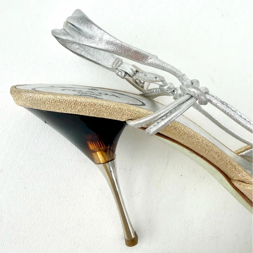 PRADA | Vintage Gold & Silver Metallic Knot Heels Tortoise Stiletto 36.5